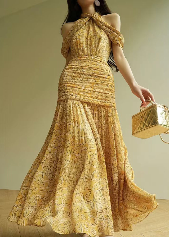 Women's Off Shoulder Maxi Dress Cotton Yellow - OutfitLondon