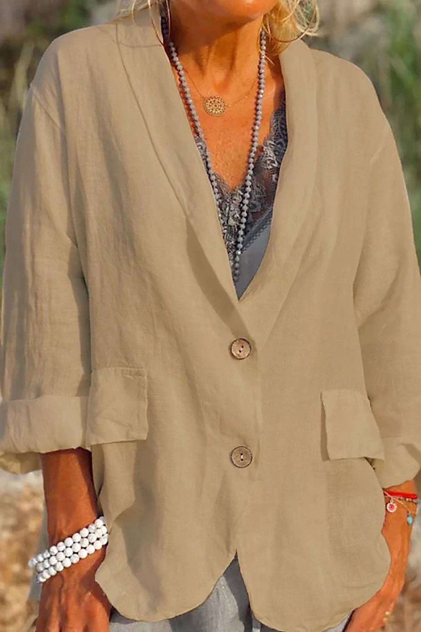 Women's Casual Fall Linen Jacket with V-Neck