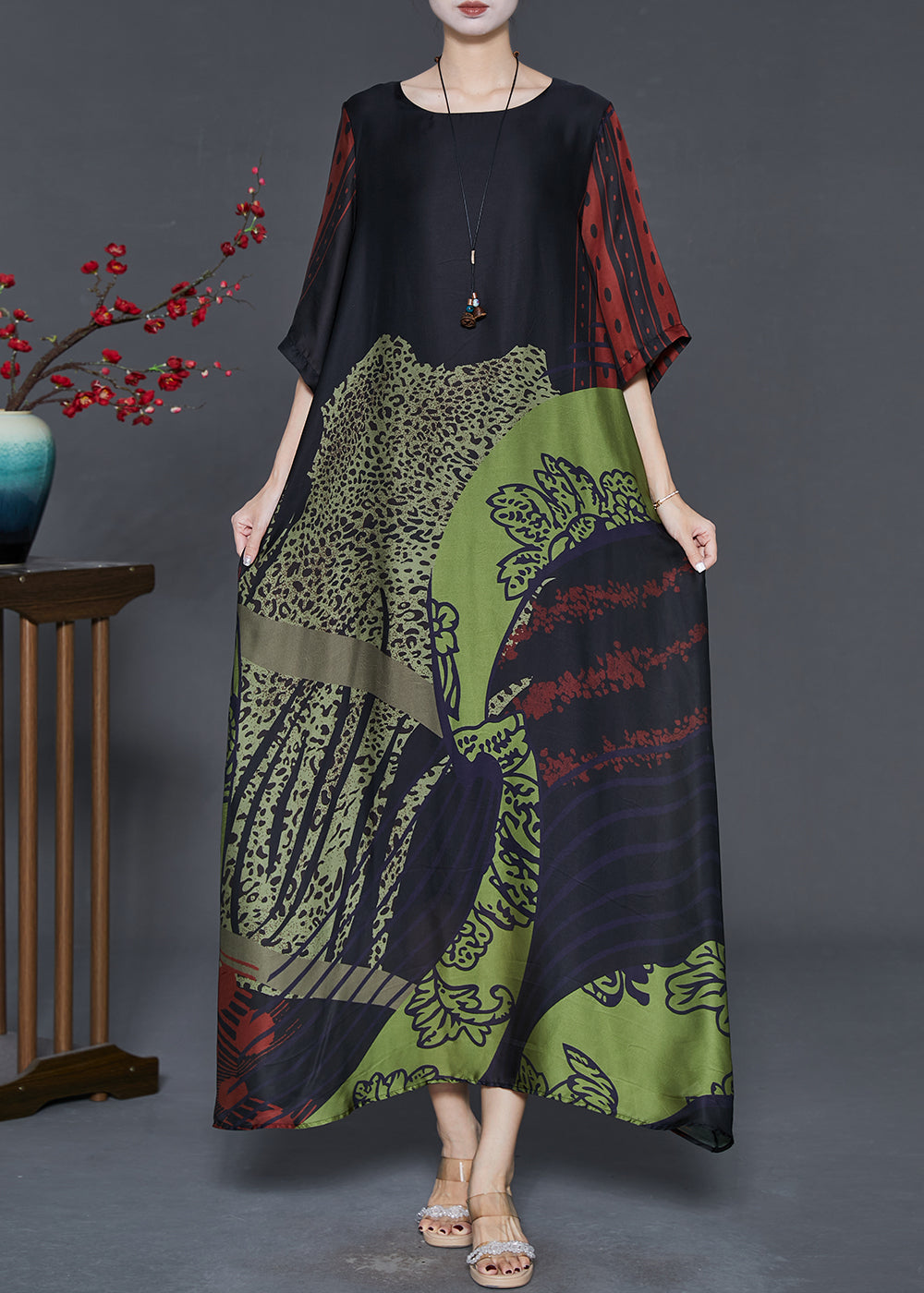 Women's Black Silk Maxi Dress Oversized - OutfitLondon