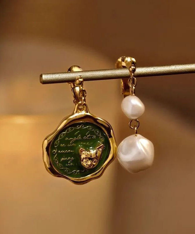 Gold Cat Earrings Pearl Dangle - OutfitLondon