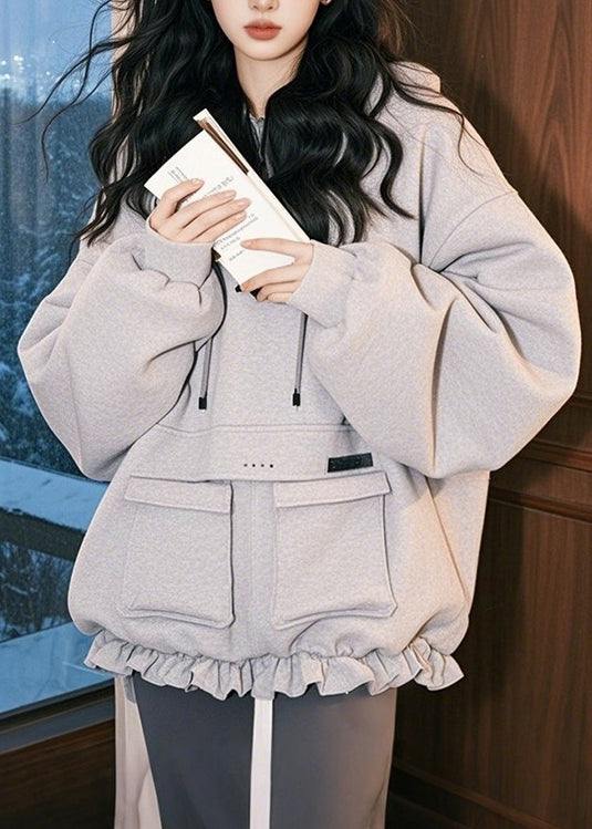 Women's Gray Cotton Hoodie Sweatshirt With Ruffle Pockets - OutfitLondon