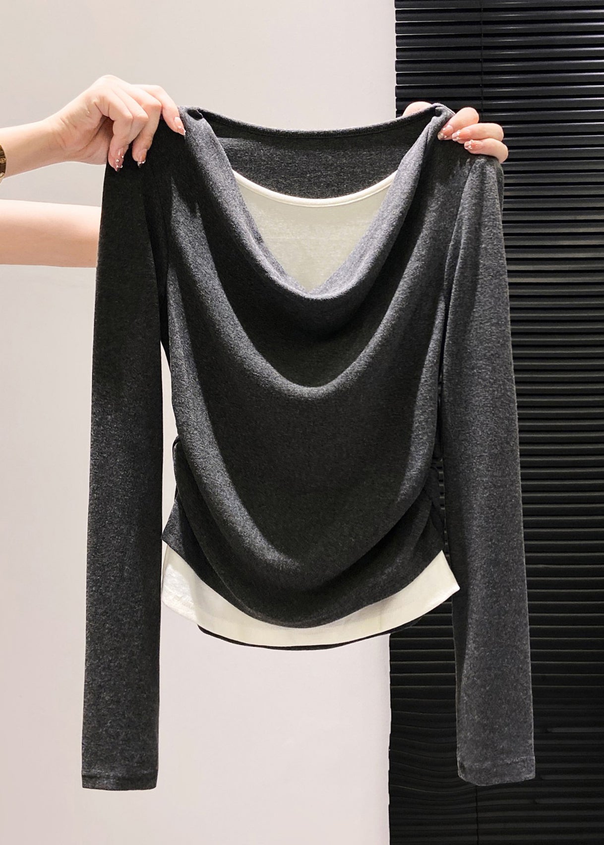 Women's Cotton Patchwork Shirt Gray Crinkled Loose Fit - OutfitLondon