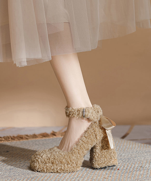 Women's Faux Fur Pumps Thick Heel Khaki - OutfitLondon