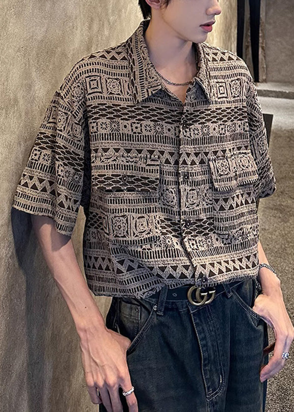 Men's Short Sleeve Geometric Print Shirt Breathable Silk - OutfitLondon