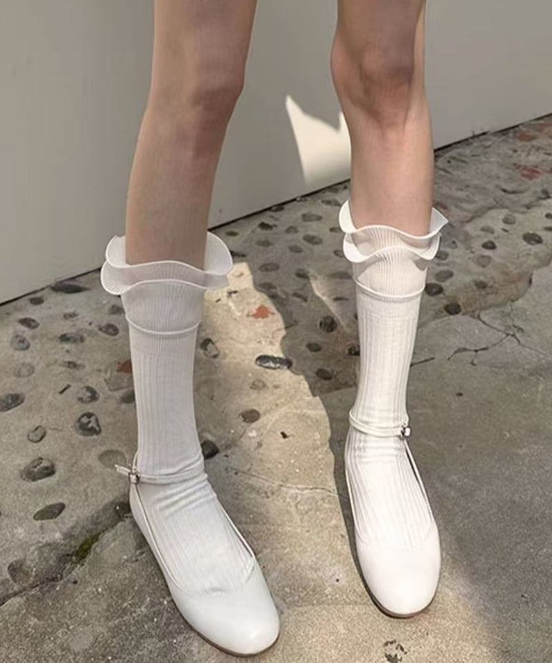 Women's Ankle Socks Stretchy Spandex White Ruffles Patchwork Comfort - OutfitLondon