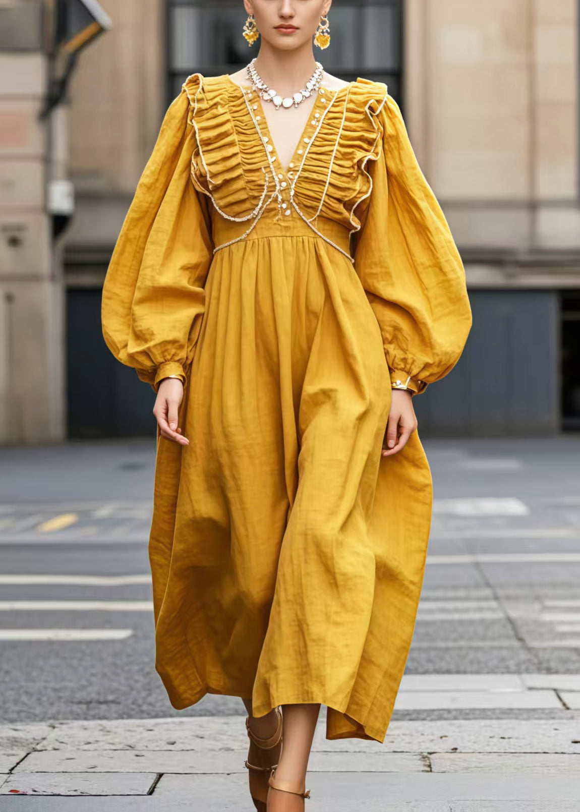 Women's Crinkled Cotton Dress Yellow Breathable - OutfitLondon