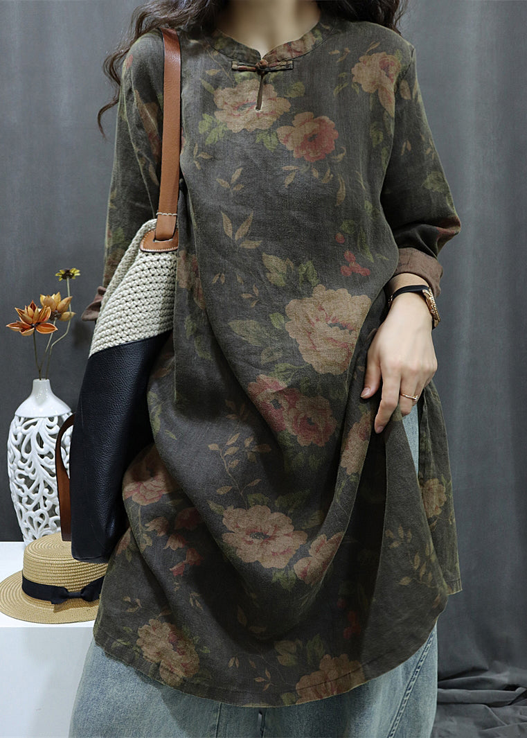 Women's Linen Shirt Black Floral Print Bracelet Sleeves - OutfitLondon