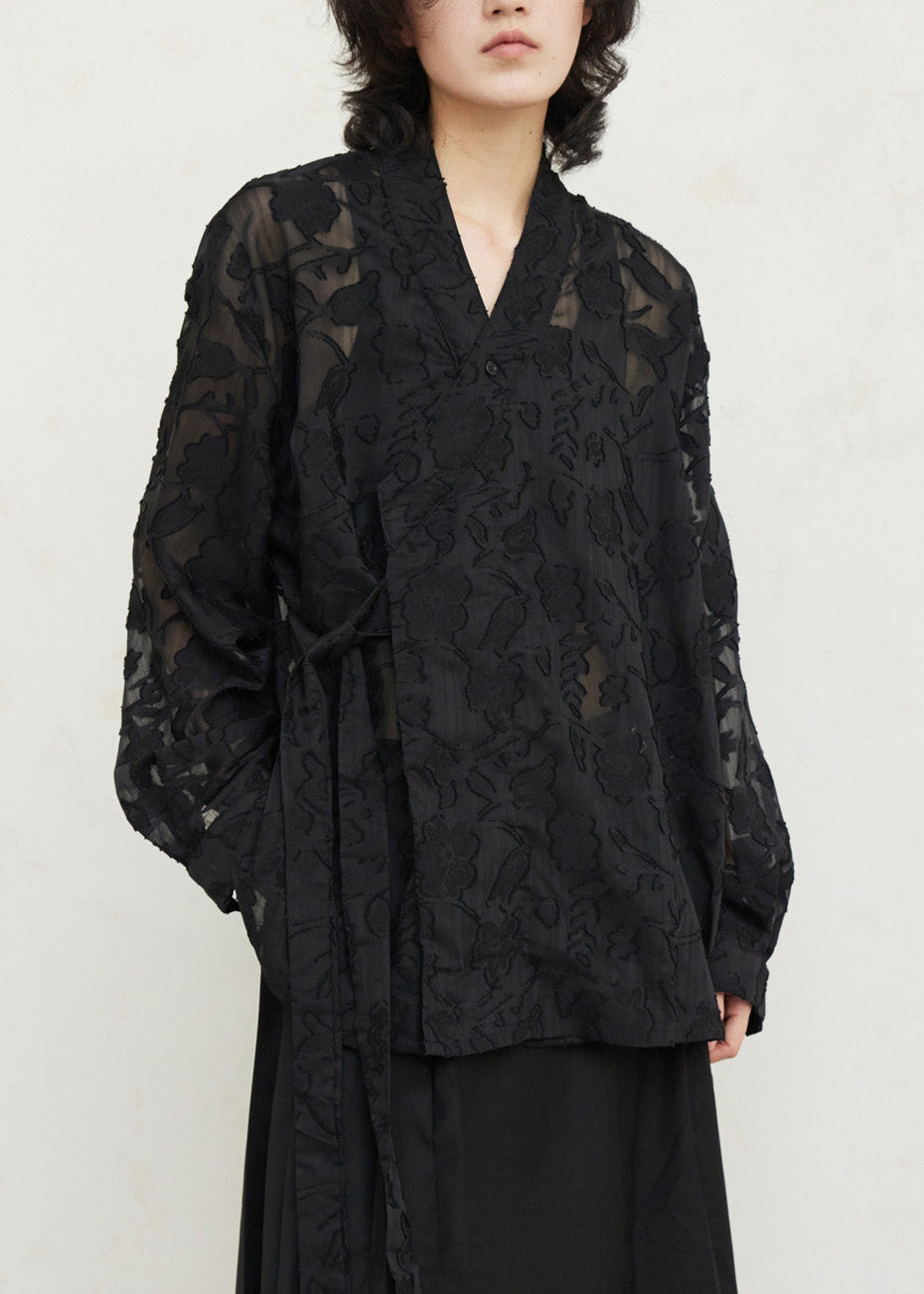 Women's Black Lace V Neck Blouse Floral Motif - OutfitLondon