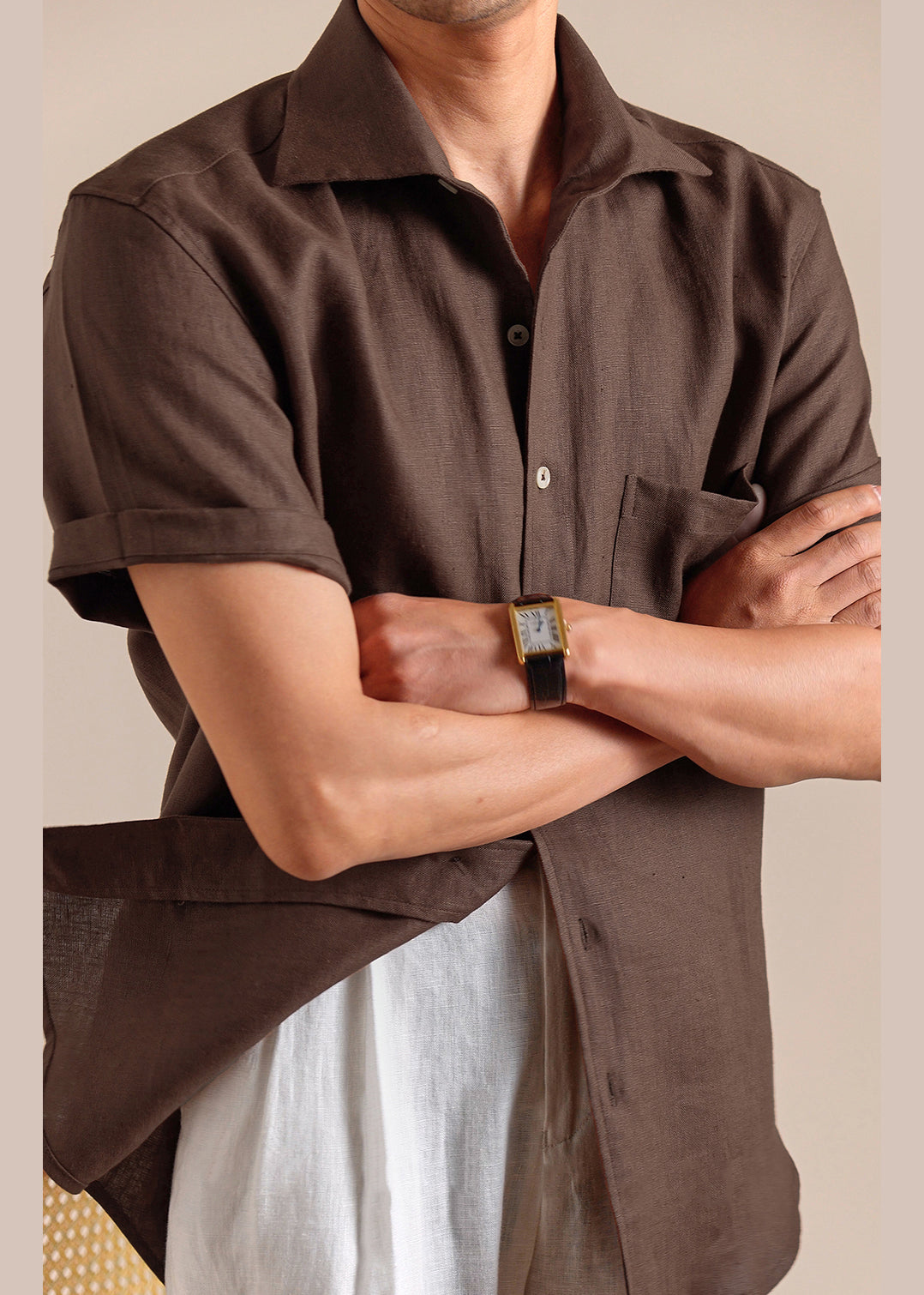 Mens Linen Short Sleeve Shirt Coffee Brown - OutfitLondon