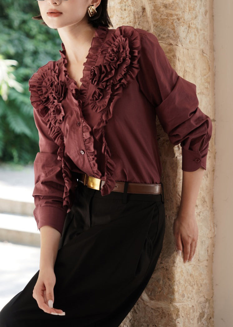 Women's Cotton Blouse V Neck Ruffle Relaxed Fit - OutfitLondon
