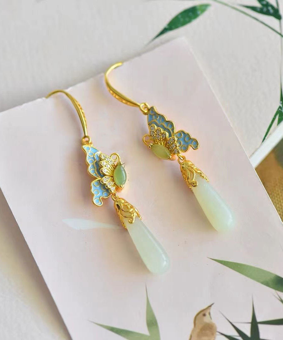 Women's Gold Plated Sterling Silver Zircon Jade Drop Earrings - OutfitLondon