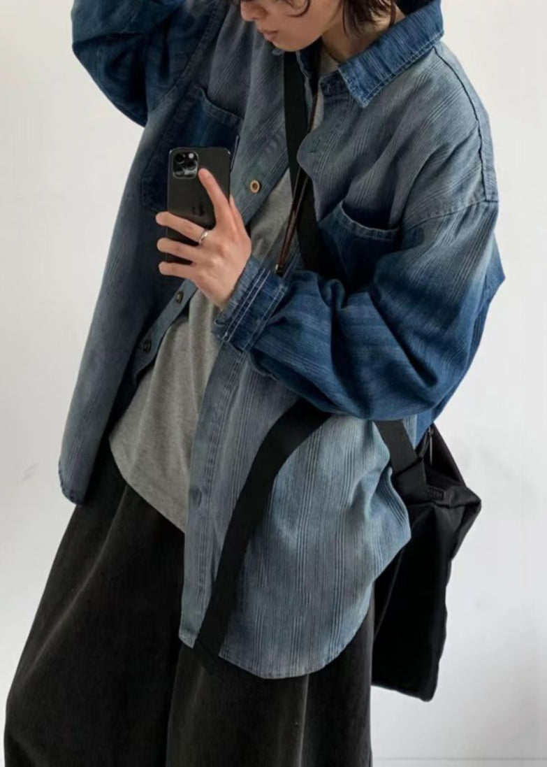 Men's Denim Long Sleeve Shirt Peter Pan Collar Gradient Wash - OutfitLondon