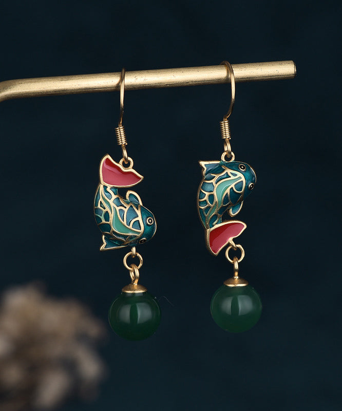 Antique Gold Drop Earrings Green Chalcedony Dragon Fish Motif - OutfitLondon