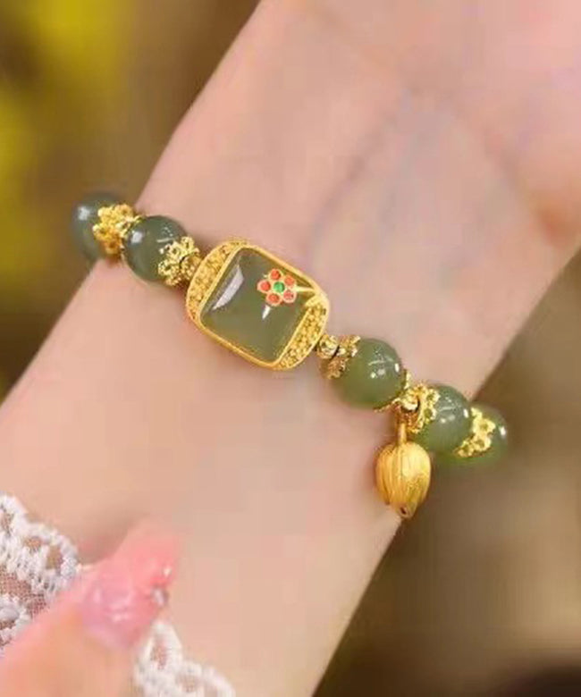 Women's Sterling Silver Jade Lotus Charm Bracelet Gold Accents - OutfitLondon