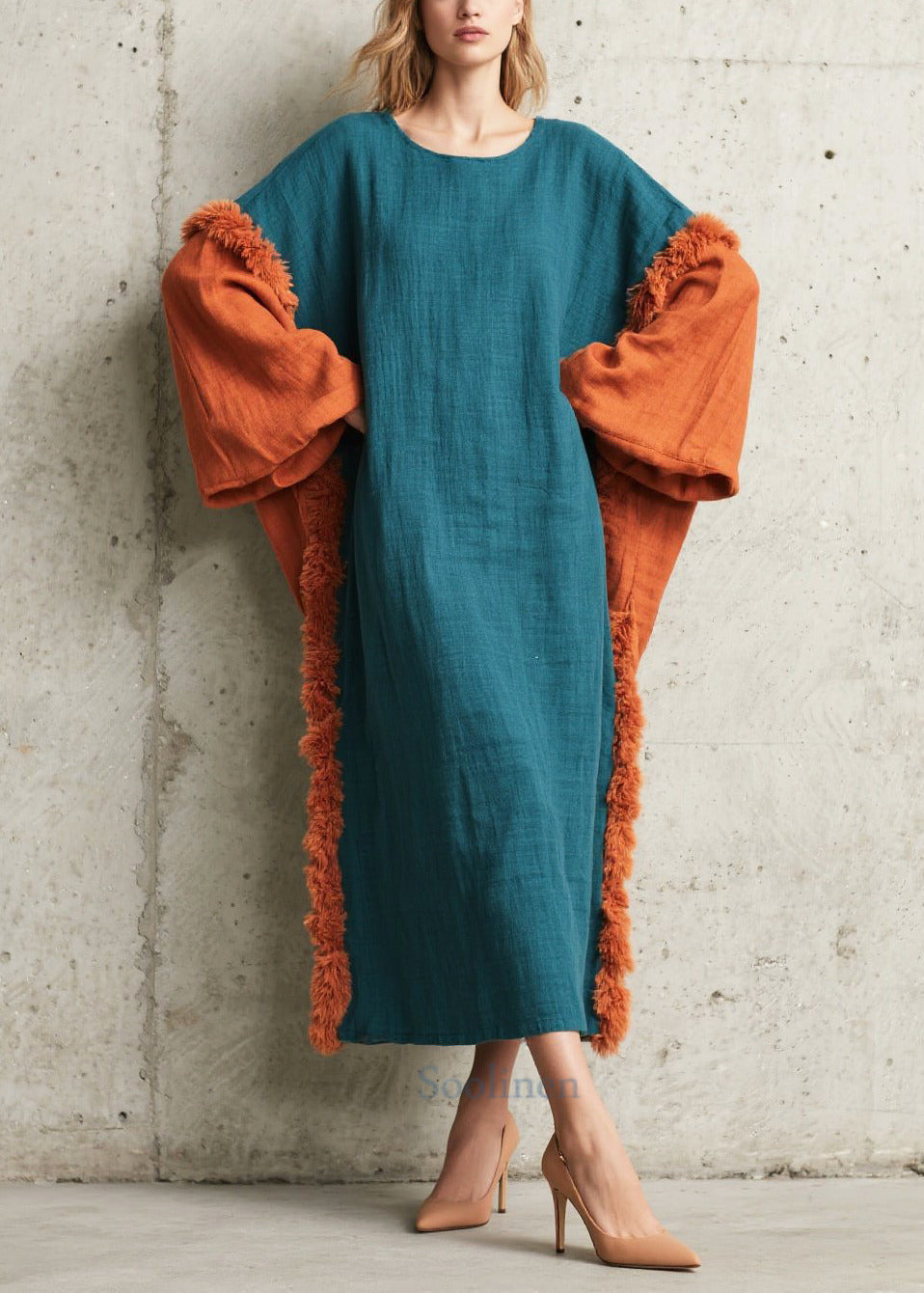 Women's Faux Fur Robe Oversized Patchwork Peacock Blue - OutfitLondon