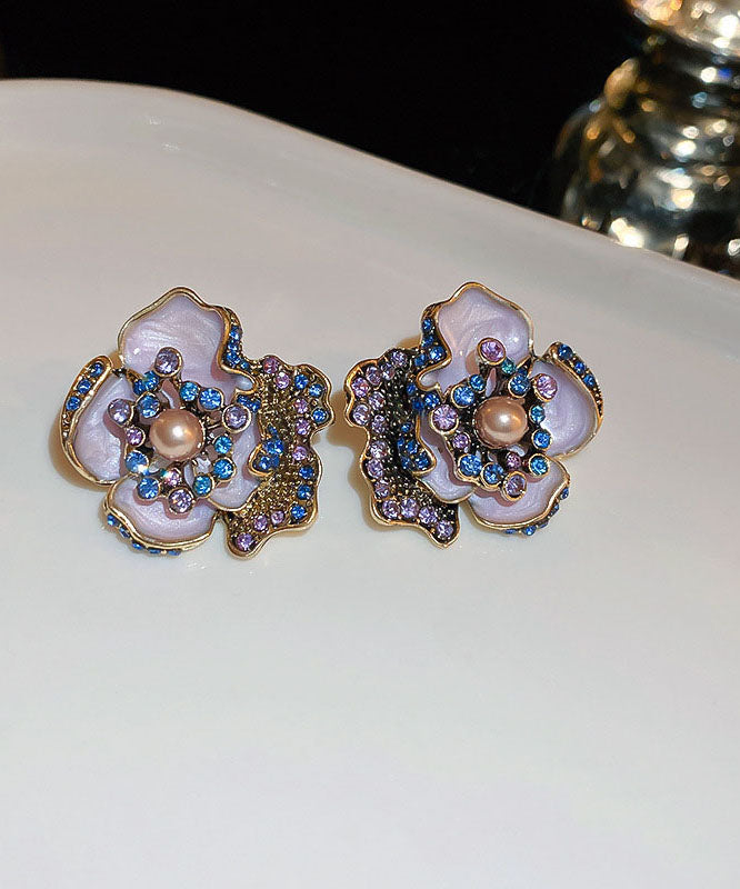 Women's Violet Stud Earrings Alloy Zircon Pearl Accents - OutfitLondon