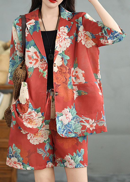 Women's Cotton Two Piece Set Half Sleeves Pockets Vintage Red Print - OutfitLondon