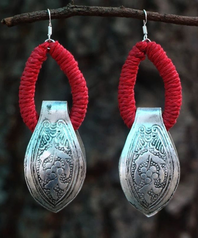 Sterling Silver Engraved Hoop Earrings Red Detail - OutfitLondon