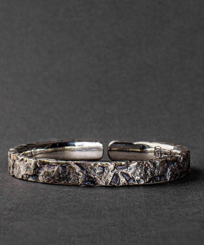 Mens Sterling Silver Cuff Bracelet Rock Motif 8 Inch - OutfitLondon
