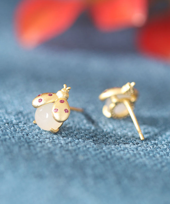 Women's Sterling Silver Jade Stud Earrings Gold Tone - OutfitLondon