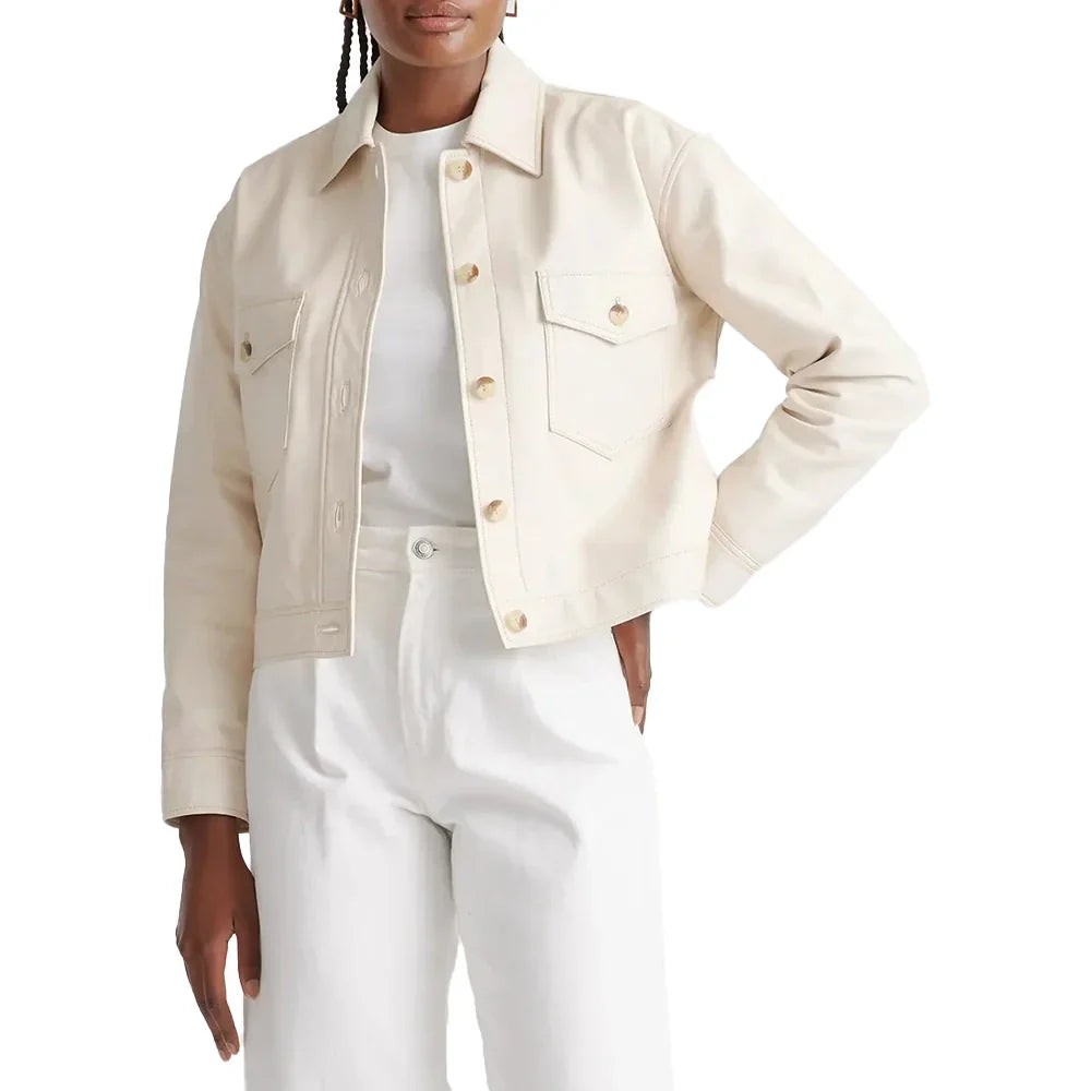 Women's Leather Cropped Jacket Cream - OutfitLondon