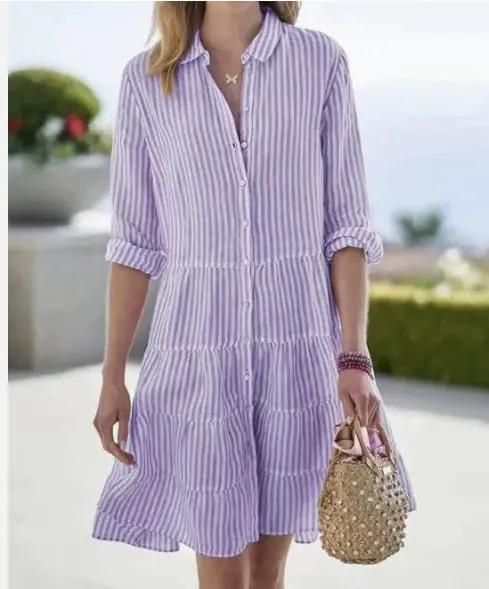 Breathable Cotton Stripe Sundress | Casual Button Front Dress