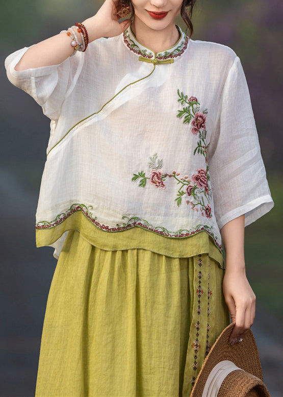 Women's Linen Blouse Lightweight White Embroidery Loose Fit - OutfitLondon