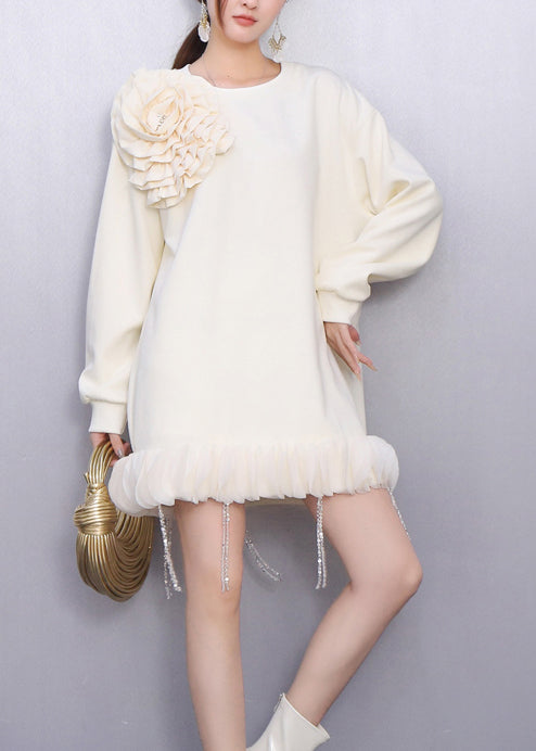 Women's White Cotton Floral Day Dress With Pom Pom Trim - OutfitLondon