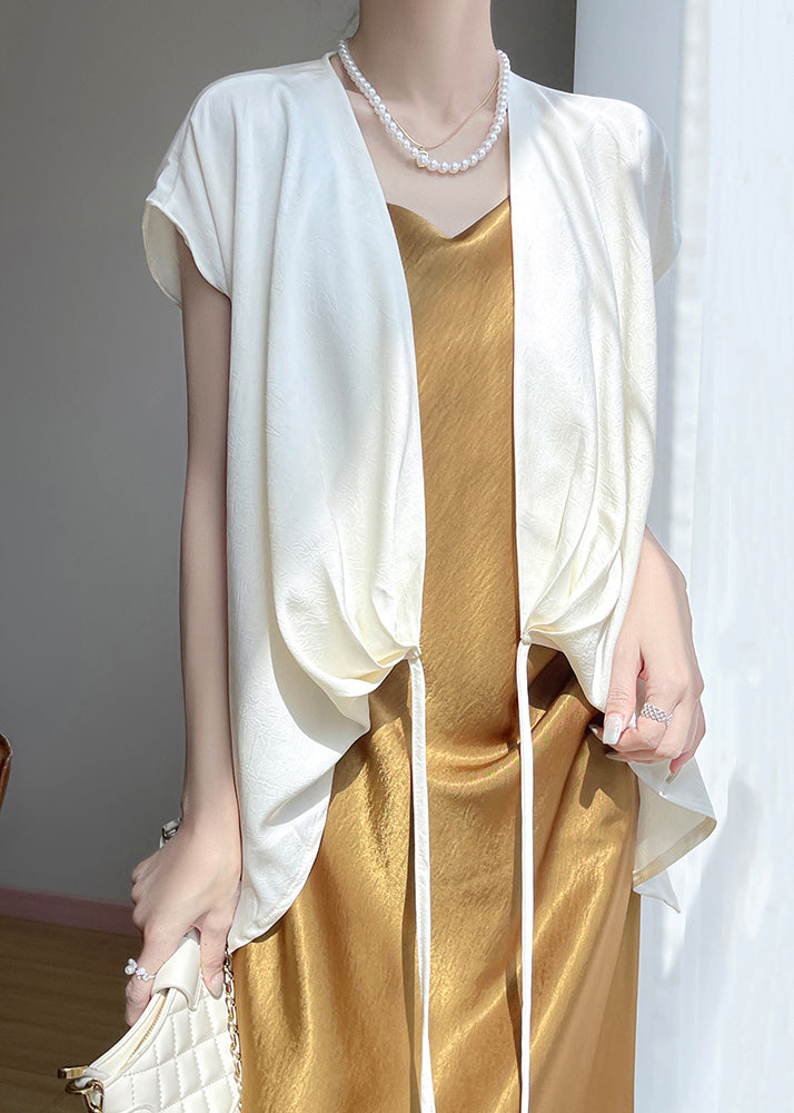 Women's Silk Blouse V-Neck Short Sleeves White - OutfitLondon