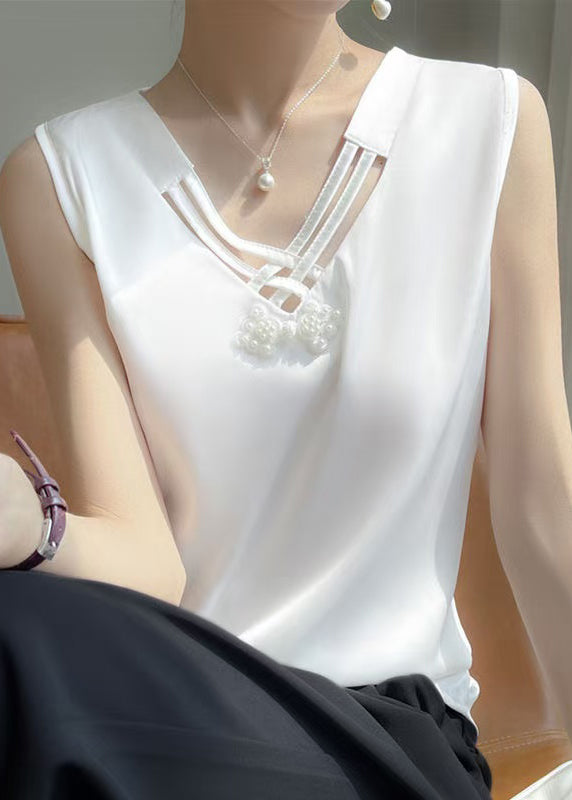 Women's Silk Tank V-Neck White Pearl Embellishments - OutfitLondon
