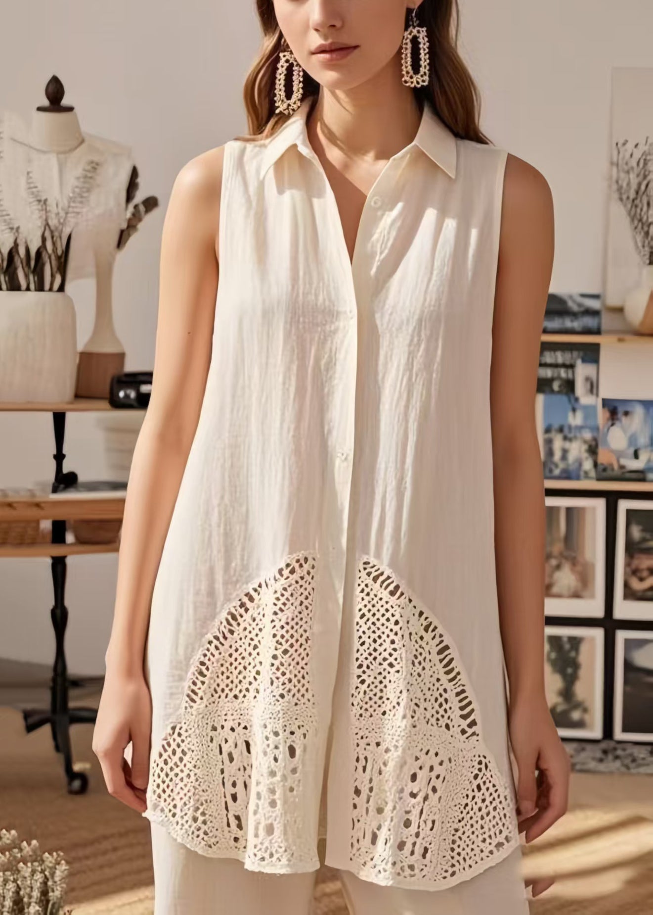 Women's Cotton Blouse Patchwork White Sleeveless - OutfitLondon