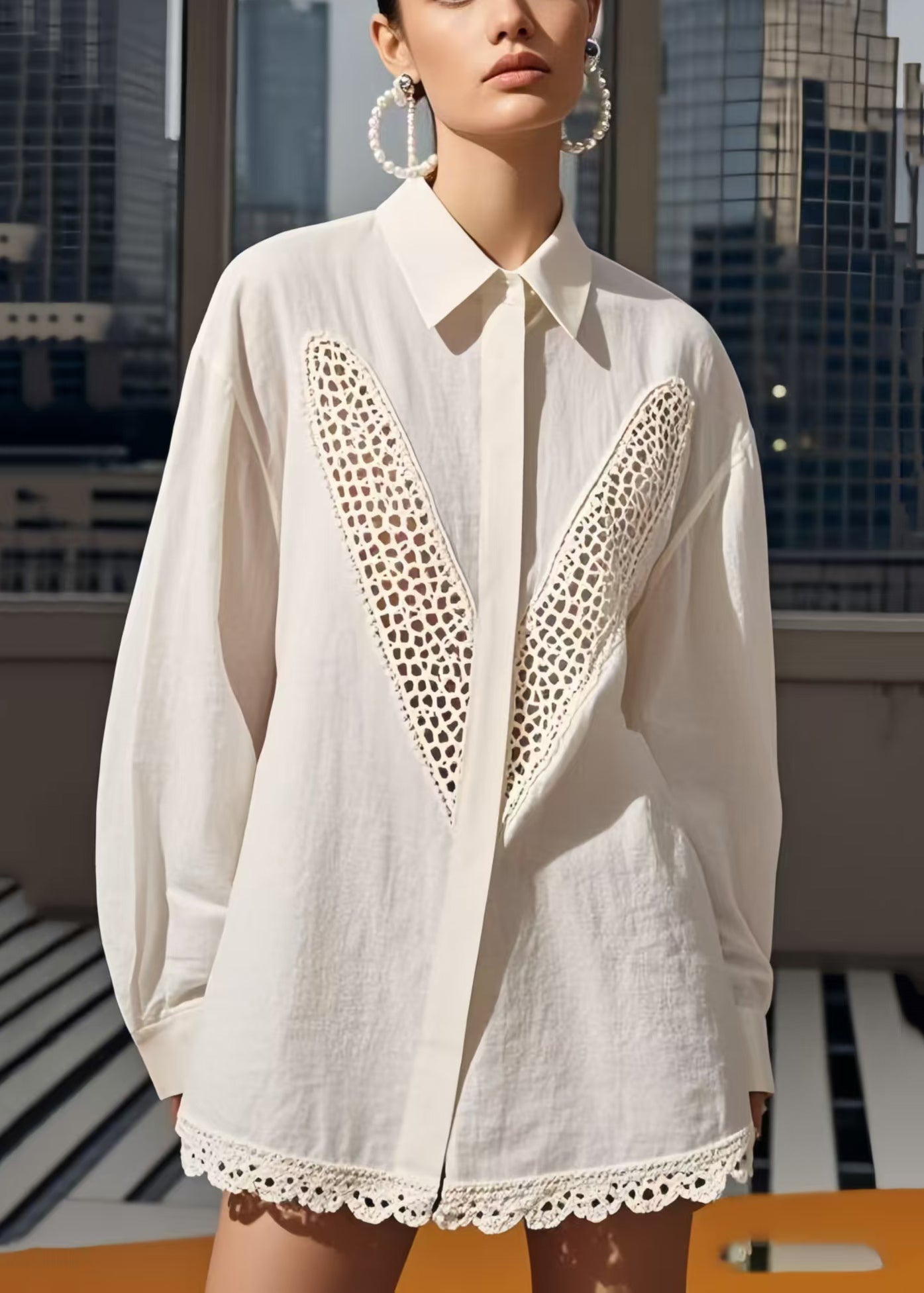 Women's Cotton Blouse Patchwork White Lightweight - OutfitLondon