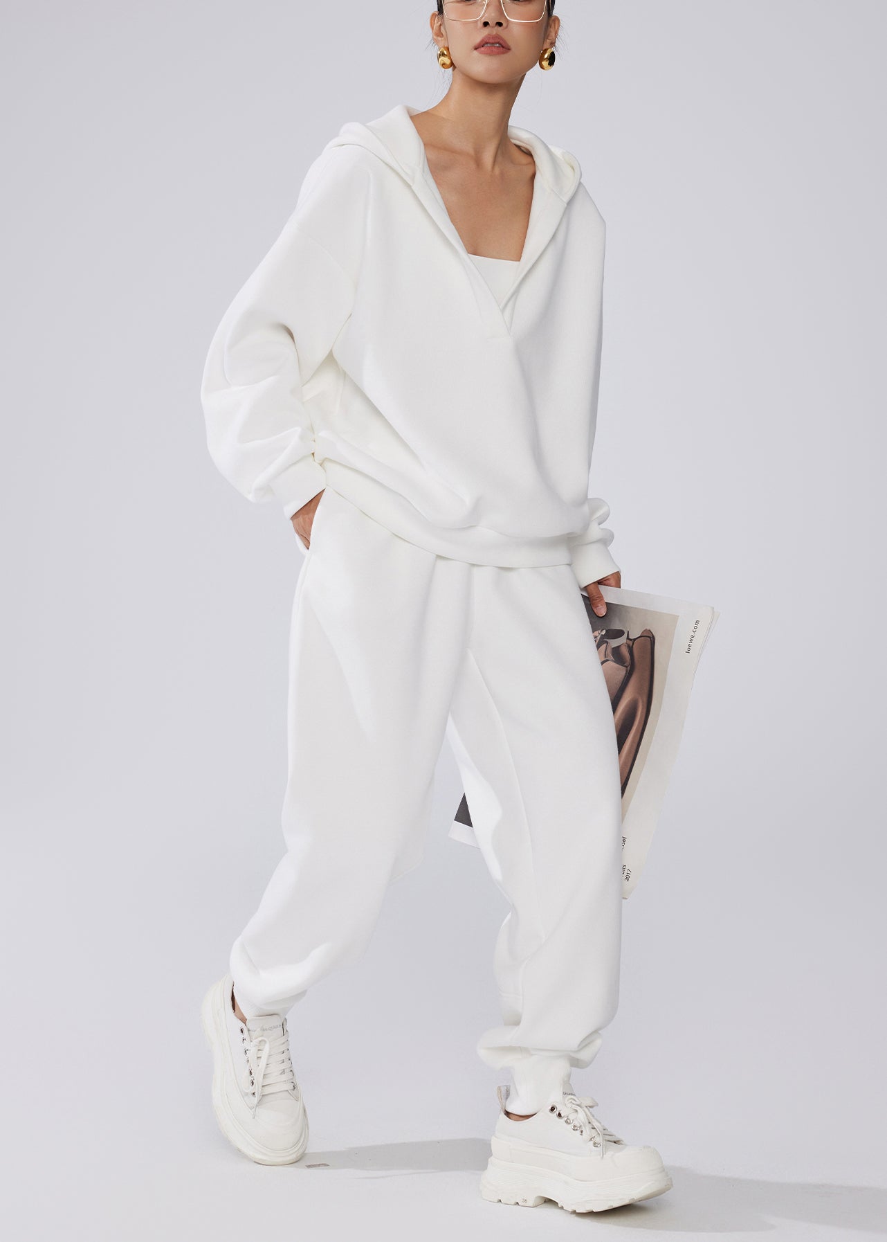 Women's Fleece Hoodie Set Elastic Waist White - OutfitLondon