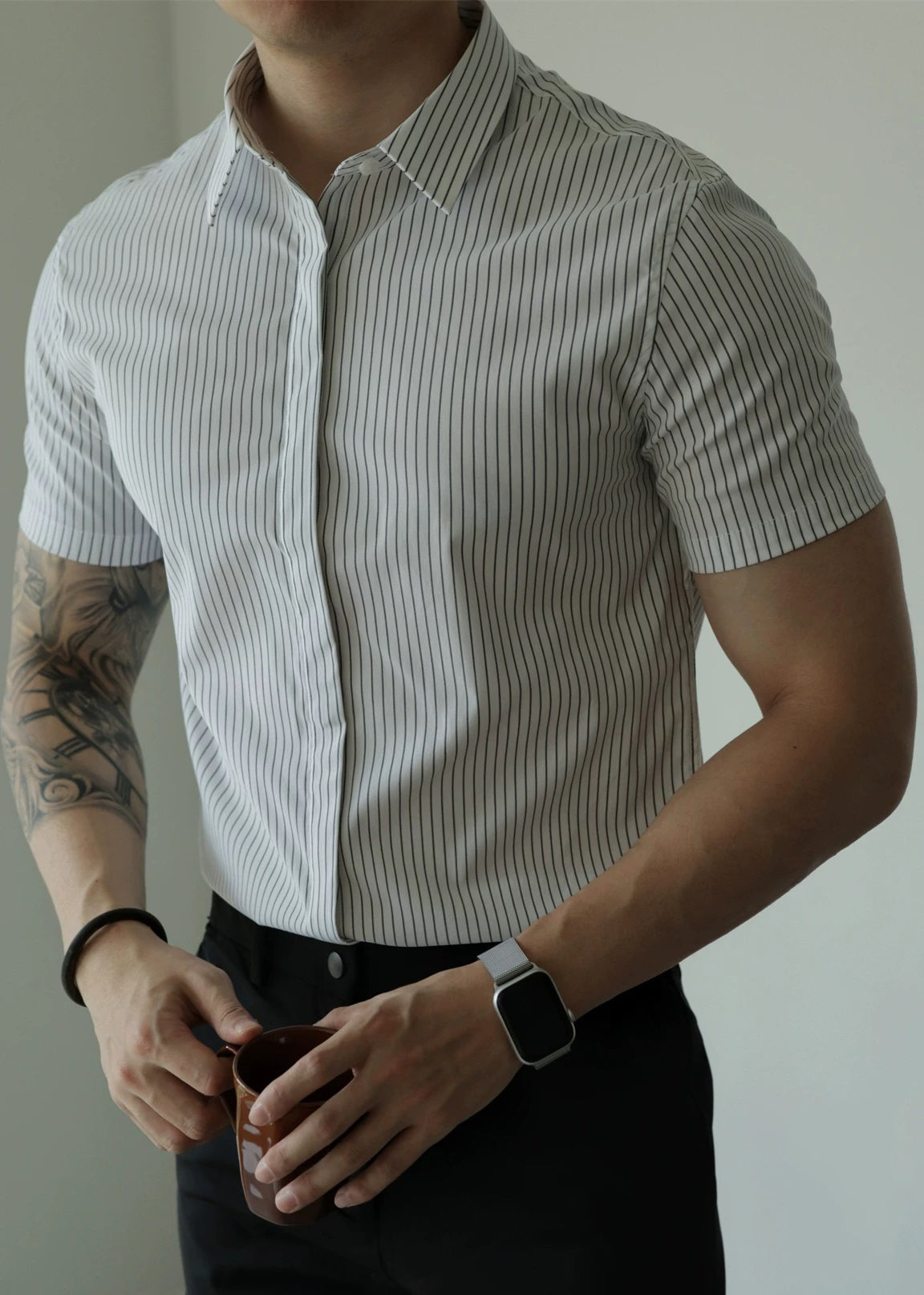 Men's Cotton Short Sleeve Peter Pan Collar Shirt - OutfitLondon