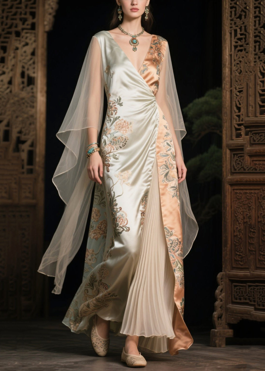 Women's Asymmetrical Tulle Evening Gown Cape Sleeves - OutfitLondon