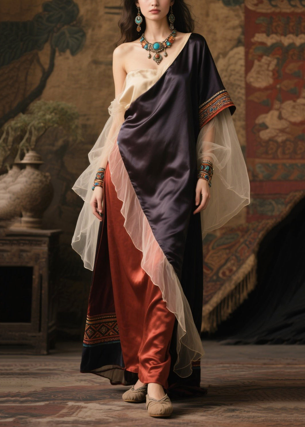 Women's Asymmetrical Tulle Dress Silk Blend - OutfitLondon