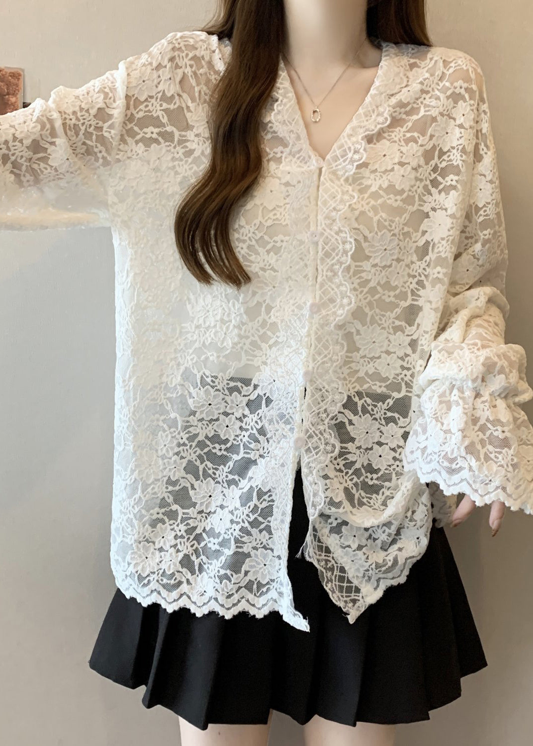 Women's V Neck Blouse Beige Lace Lightweight - OutfitLondon