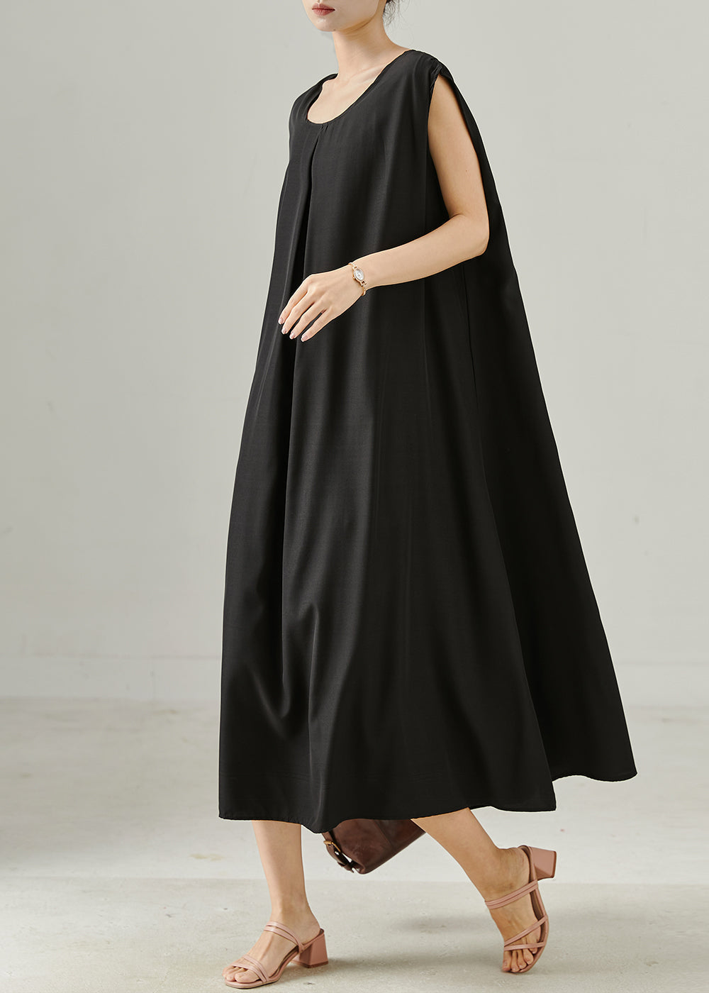 Women's Oversized Cotton Maxi Dress Black Sleeveless - OutfitLondon