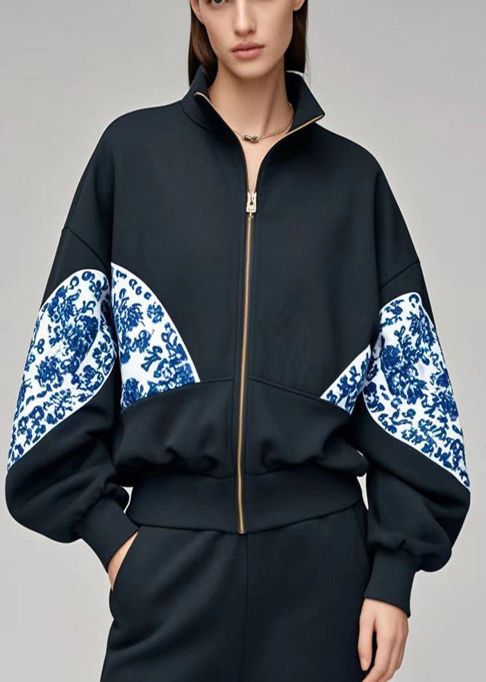 Women's Cotton Blend Coat Patchwork Print Black - OutfitLondon