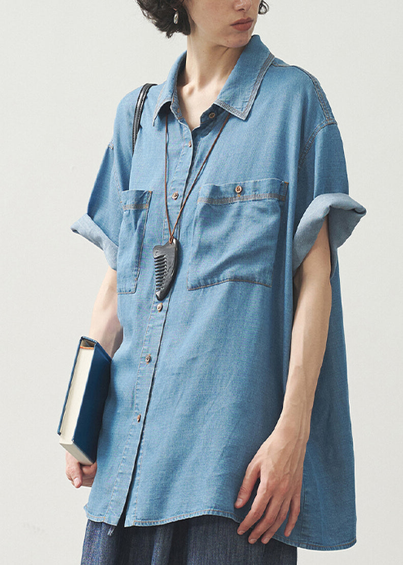Women's Blue Denim Shirt Peter Pan Collar Button Pockets - OutfitLondon