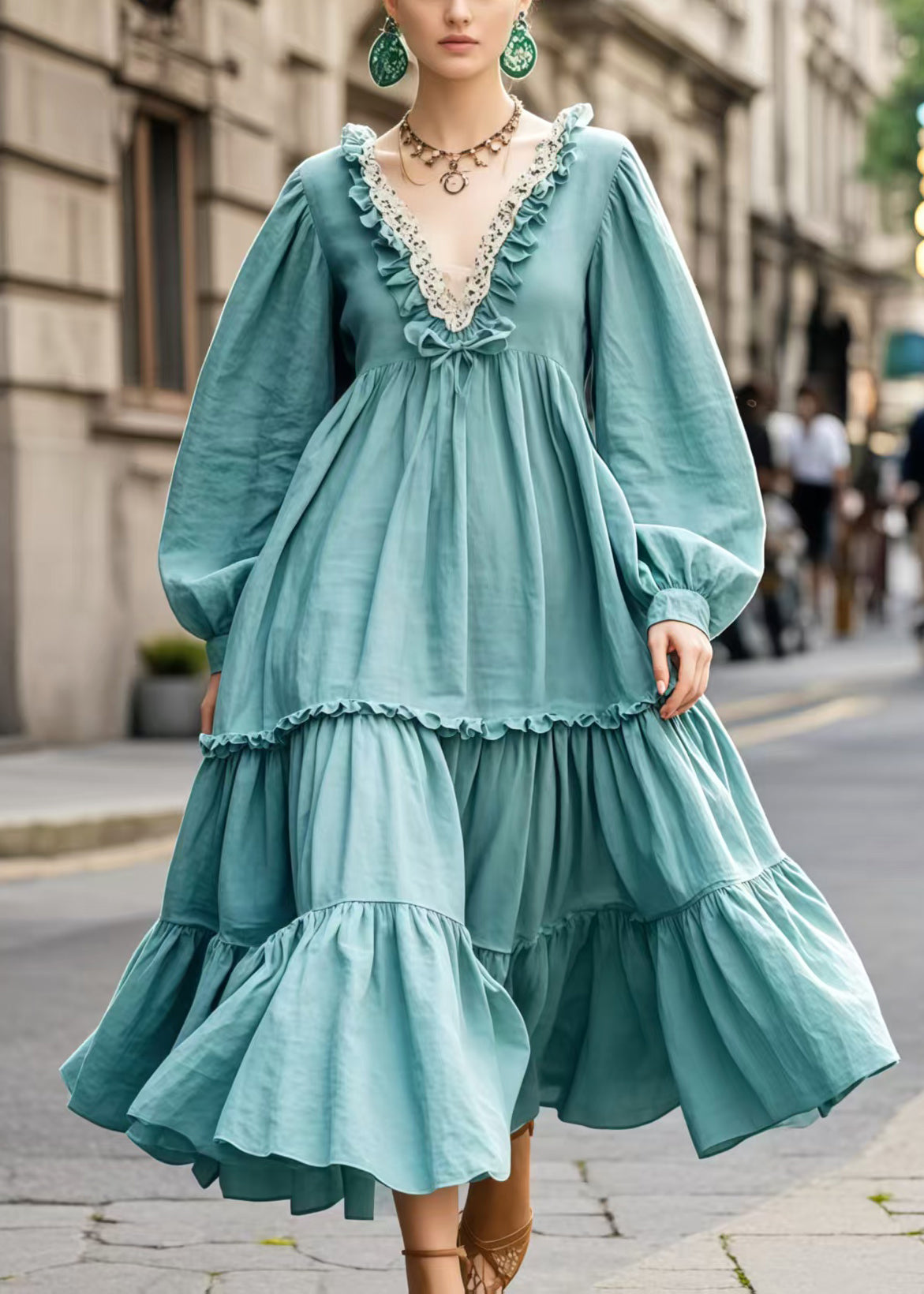 Women's Blue Cotton Maxi Dress Ruffles Oversized - OutfitLondon