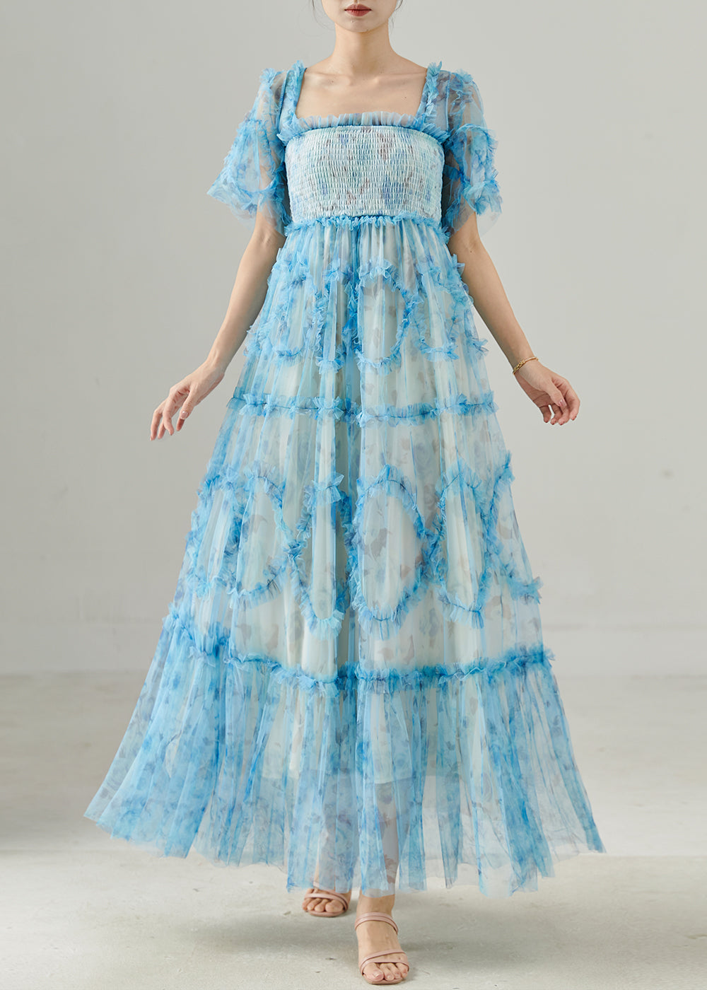 Women's Patchwork Tulle Dress Lightweight Blue Flowy Ruffle - OutfitLondon