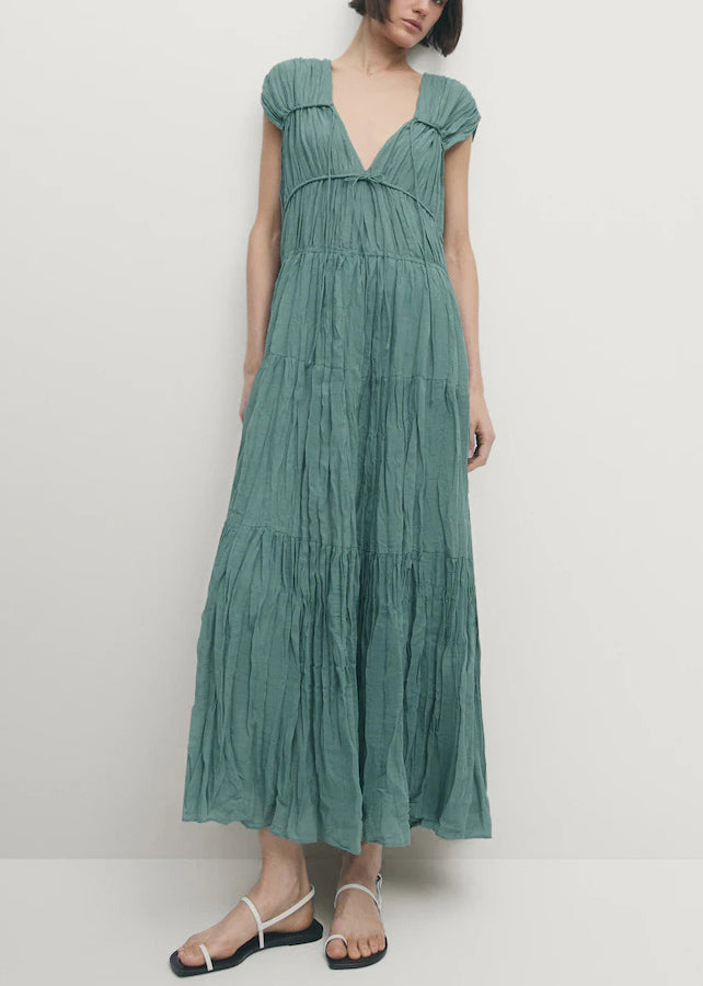 Women's Blue Cotton Maxi Dress V-Neck Lace-Up - OutfitLondon