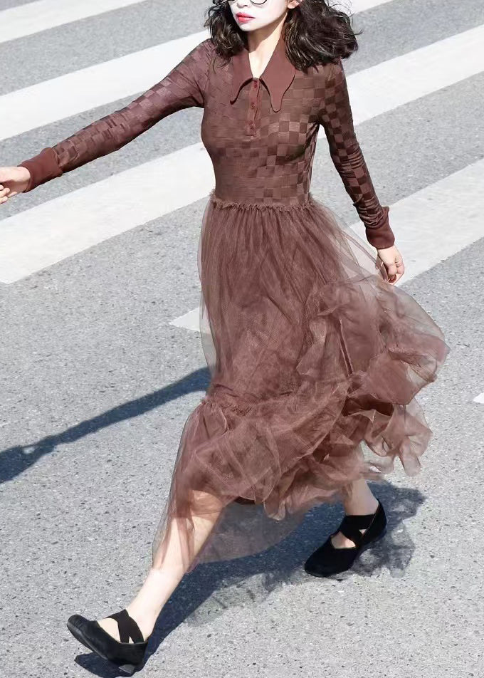Women's Brown Knit Tulle Dress With Peter Pan Collar - OutfitLondon