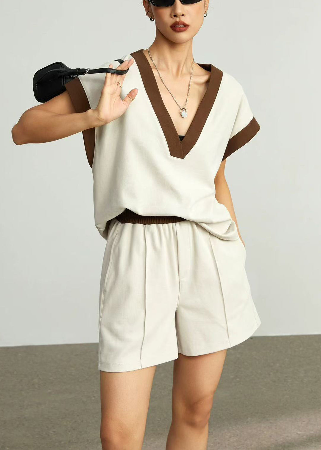 Women's Cotton Two Piece Set Elastic Waist V Neck Comfortable Beige - OutfitLondon
