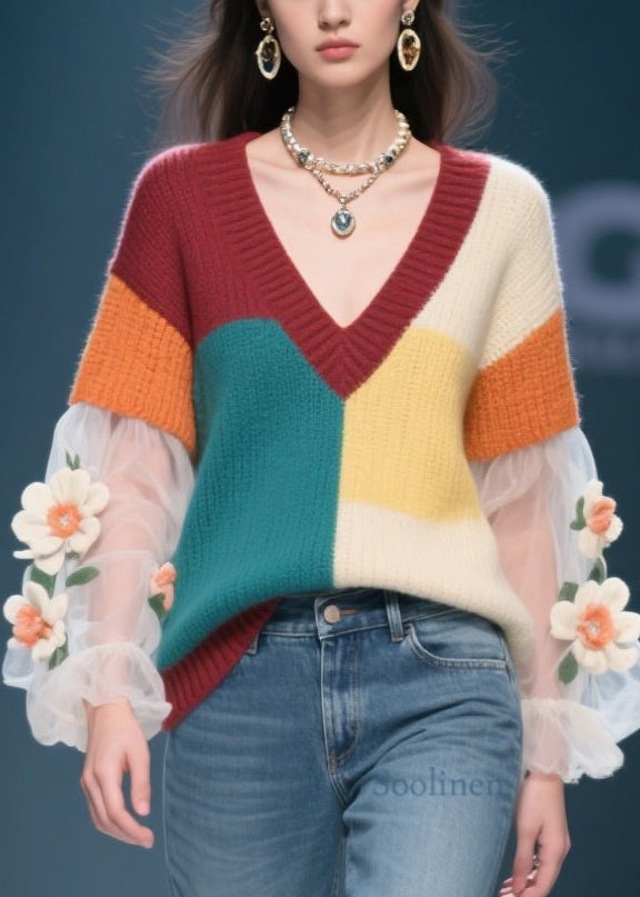 Women's Patchwork Sweater Floral Knit - OutfitLondon