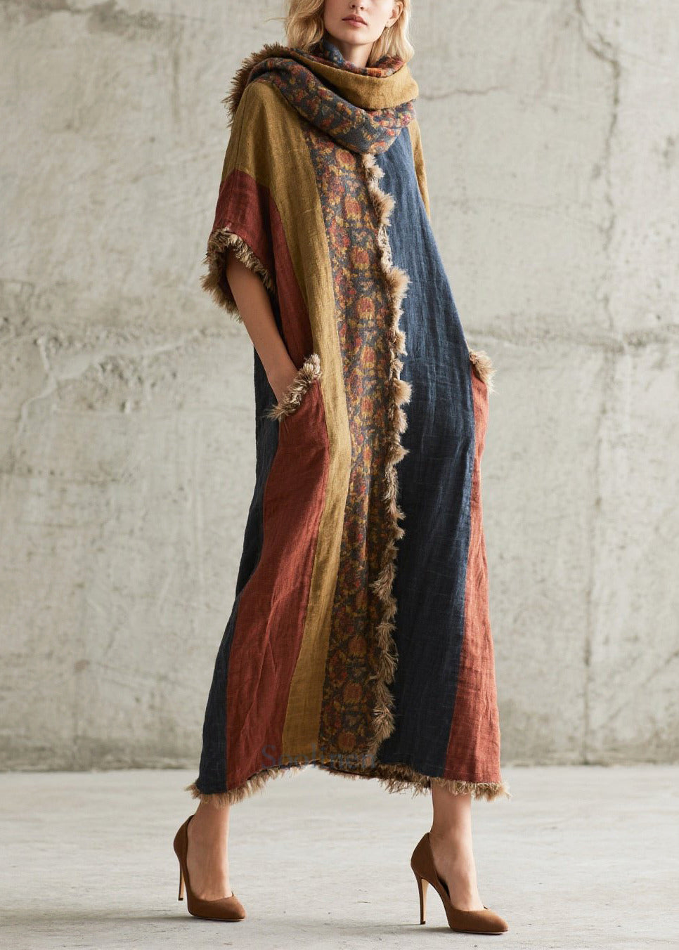 Women's Faux Fur Maxi Robe Colorblock Oversized Warm - OutfitLondon