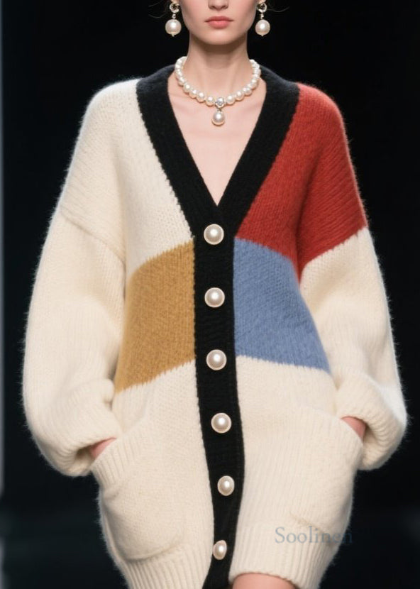 Women's Patchwork Cardigan V Neck Oversized Colorblock - OutfitLondon