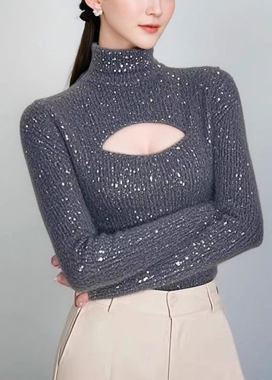 Women's Gray Turtleneck Sweater Openwork Knit Cozy - OutfitLondon