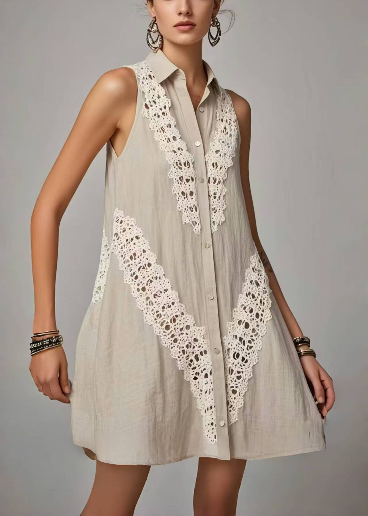 Women's Gray Sleeveless Day Dress Lace Patchwork Peter Pan Collar - OutfitLondon